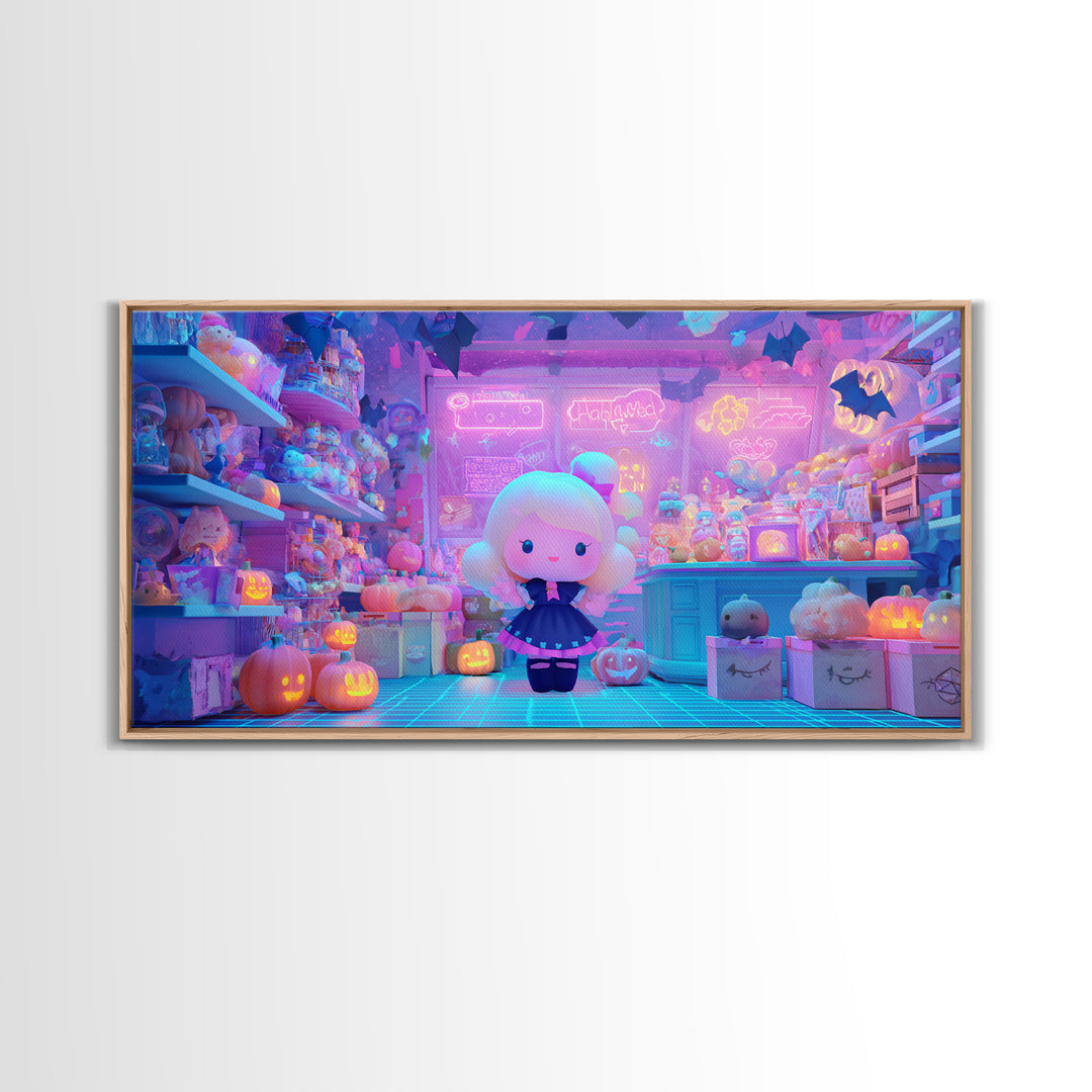 The Moonlight Toy Shop, Vaporwave Halloween Decor, Wide Panoramic Art, Canvas Print, Retro Halloween Decor, Neon Wall Art