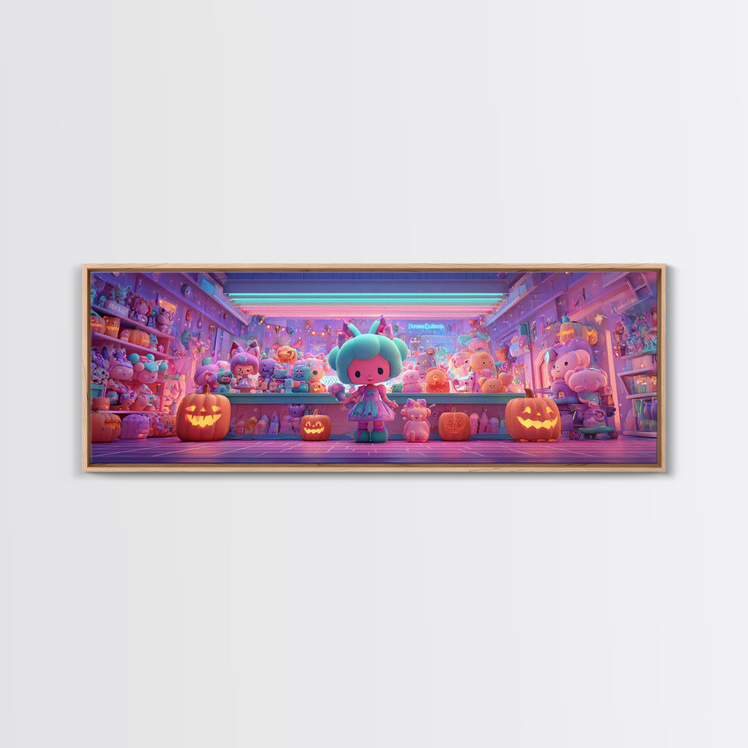The Moonlight Toy Shop, Cute Spooky Neon Art, Extra Wide Wall Art, Canvas Print, Retro Halloween Decor, Neon Wall Art, Statement Wall Art