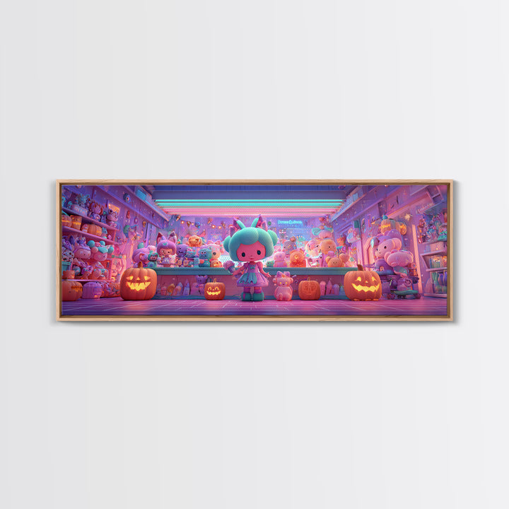 The Moonlight Toy Shop, Cute Spooky Neon Art, Extra Wide Wall Art, Canvas Print, Retro Halloween Decor, Neon Wall Art, Statement Wall Art