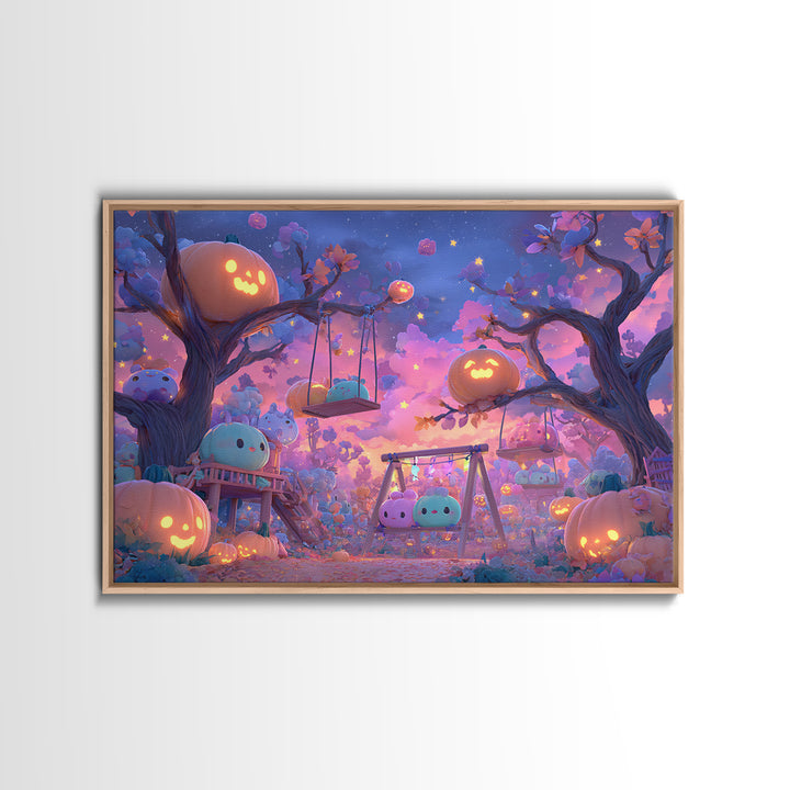 The Pumpkin Patch Playground, Synthwave Halloween Art, Landscape Wall Art, Canvas Print, Retro Halloween Decor, Neon Wall Art