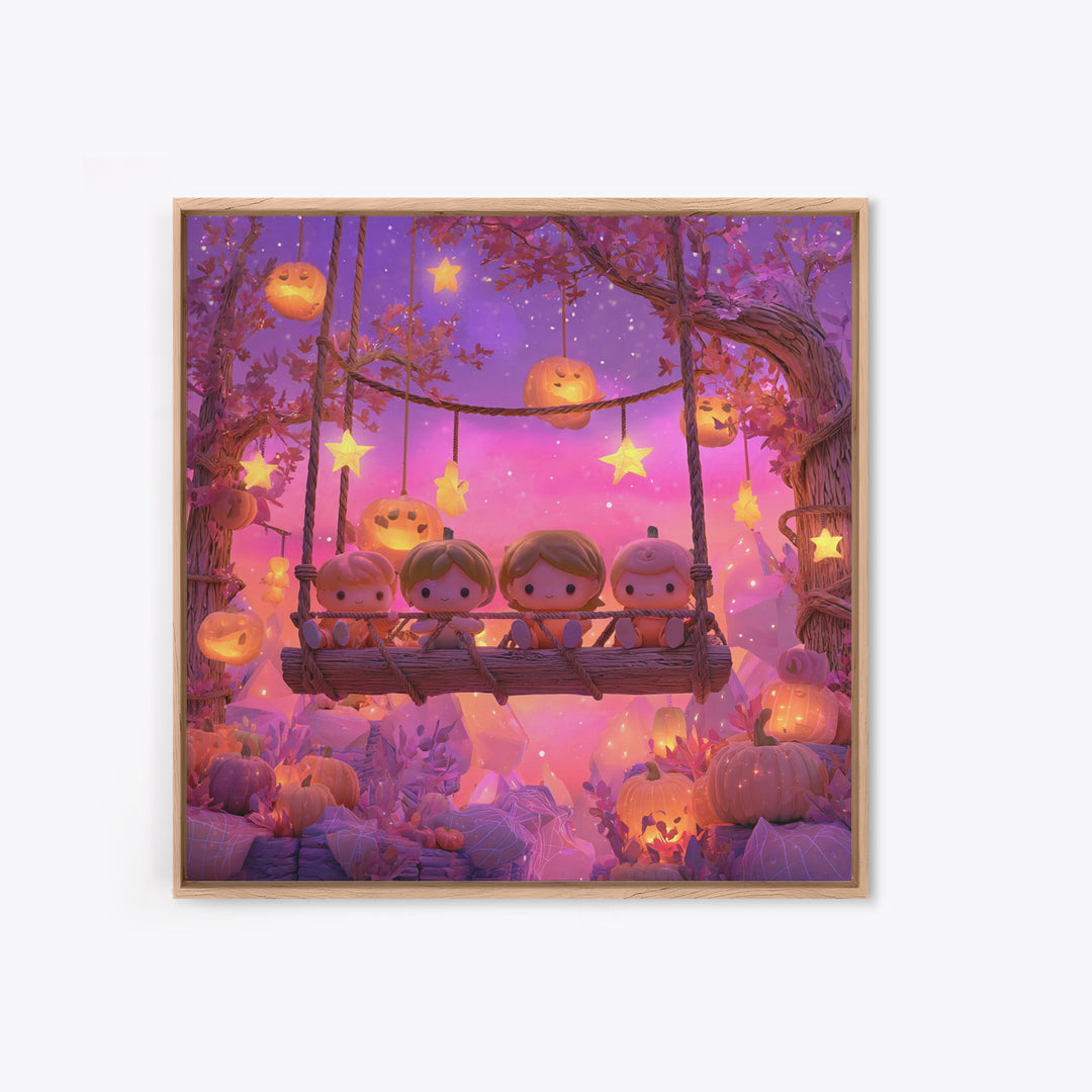 The Pumpkin Patch Playground, Retro Neon Halloween Art, Square Wall Art, Canvas Print, Retro Halloween Decor, Neon Wall Art