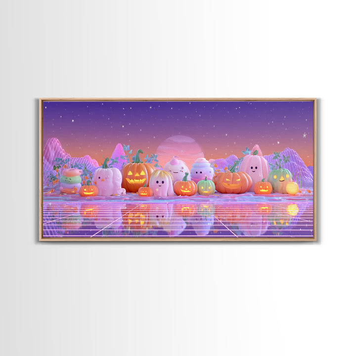 The Pumpkin Patch Playground, Vaporwave Halloween Decor, Wide Panoramic Art, Framed Canvas Print, Retro Halloween Decor, Neon Wall Art