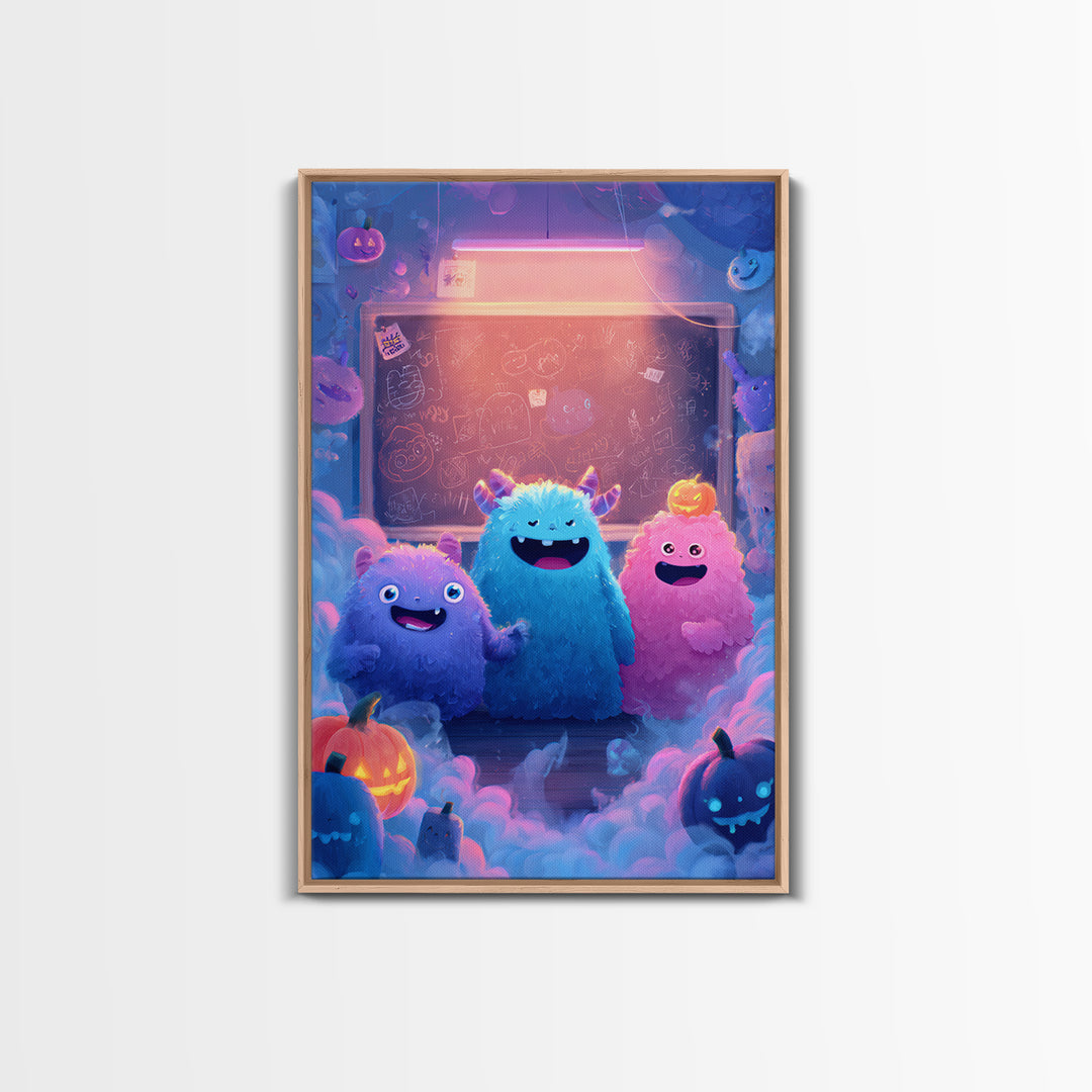 The Little Monster School, 80s Halloween Wall Art, Vertical Wall Art, Canvas Print, Retro Halloween Decor, Neon Wall Art, Spooky Wall Decor