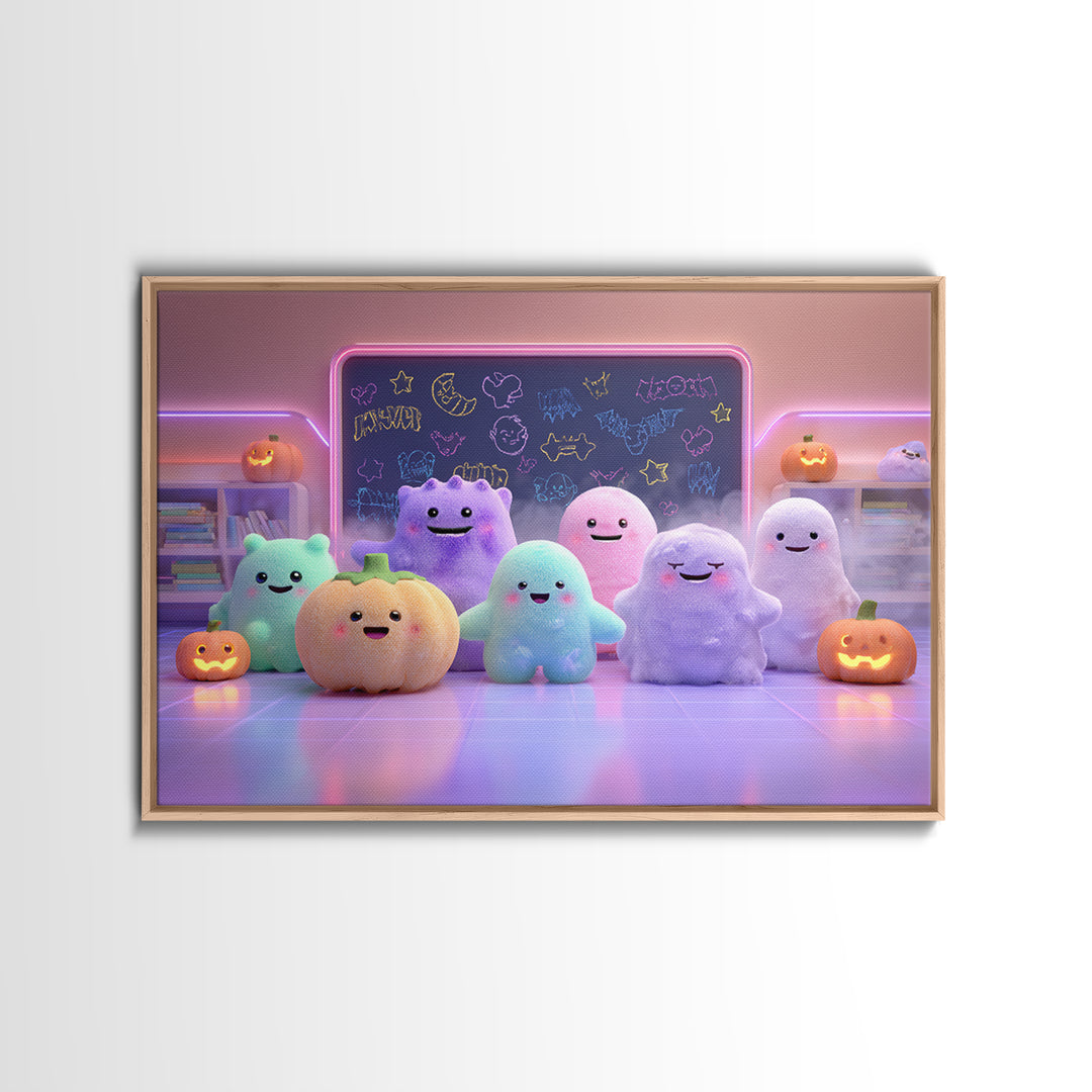 The Little Monster School, Cute Spooky Neon Art, Landscape Wall Art, Framed Canvas Print, Retro Halloween Decor, Neon Wall Art