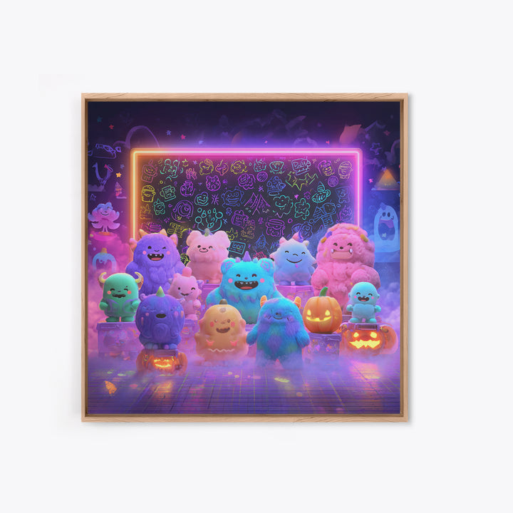 The Little Monster School, Synthwave Halloween Art, Square Wall Art, Canvas Print, Retro Halloween Decor, Neon Wall Art, Seasonal Home Decor