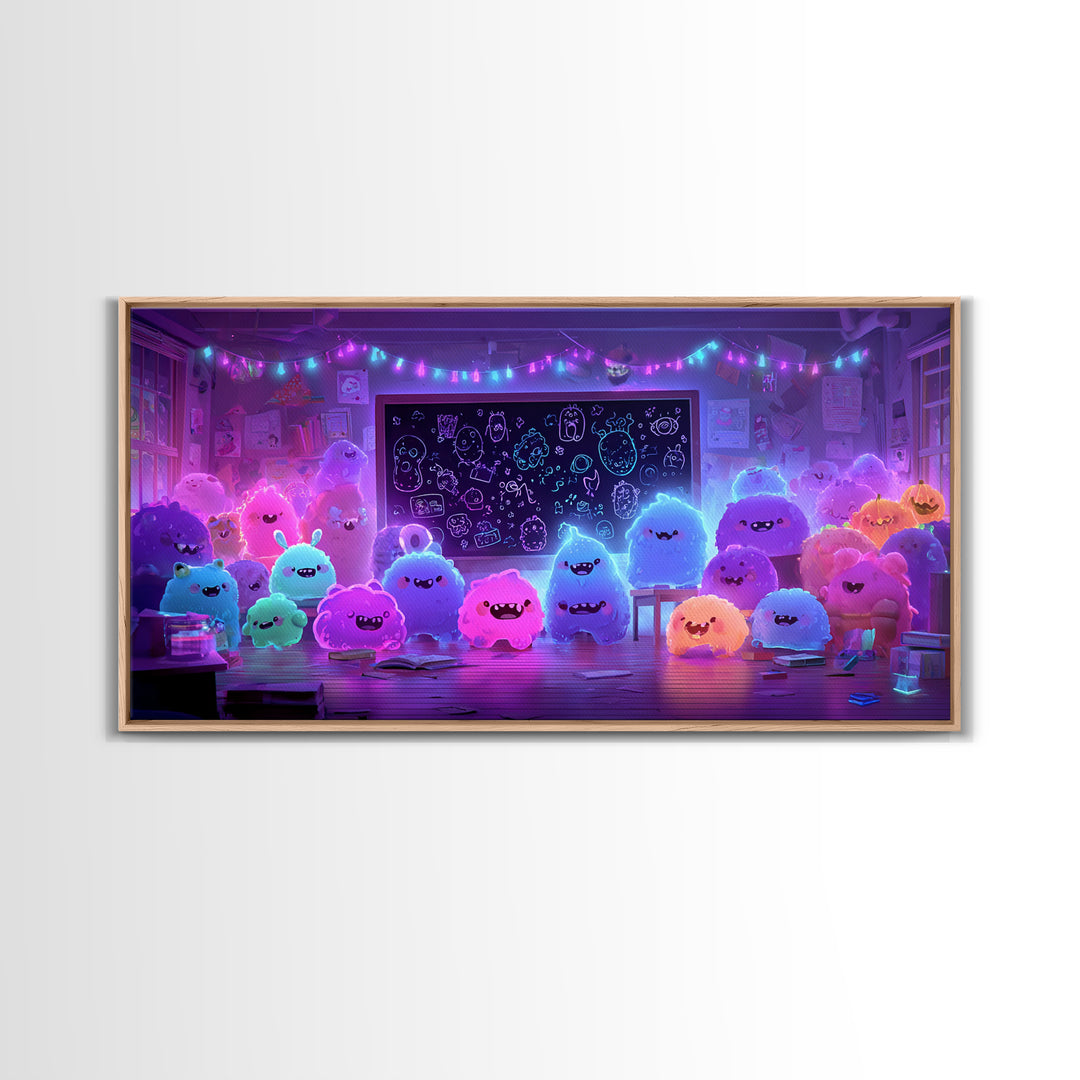 The Little Monster School, Vaporwave Halloween Decor, Wide Panoramic Art, Canvas Print, Retro Halloween Decor, Neon Wall Art
