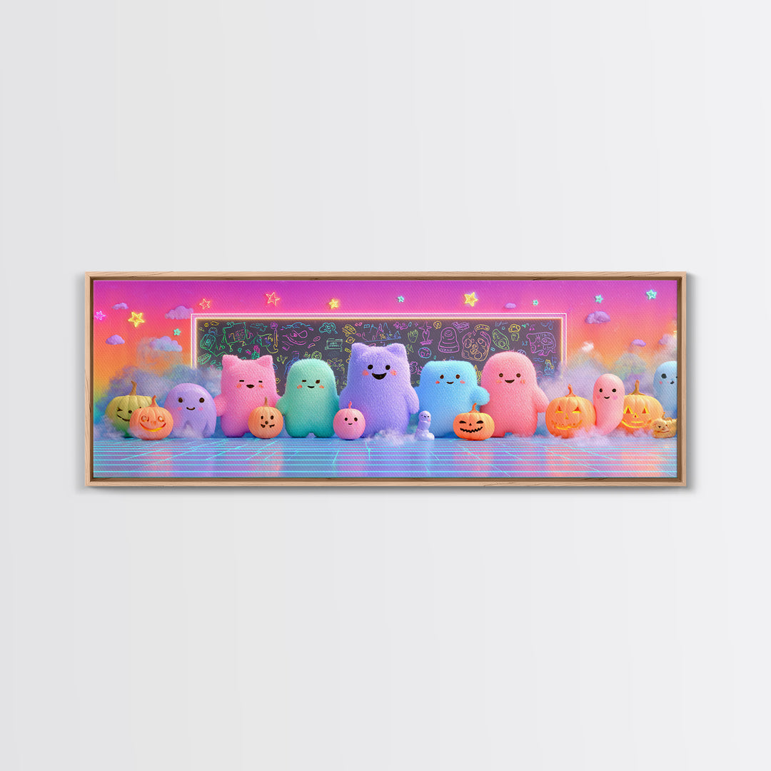 The Little Monster School, Retro Neon Halloween Art, Extra Wide Wall Art, Canvas Print, Retro Halloween Decor, Neon Wall Art