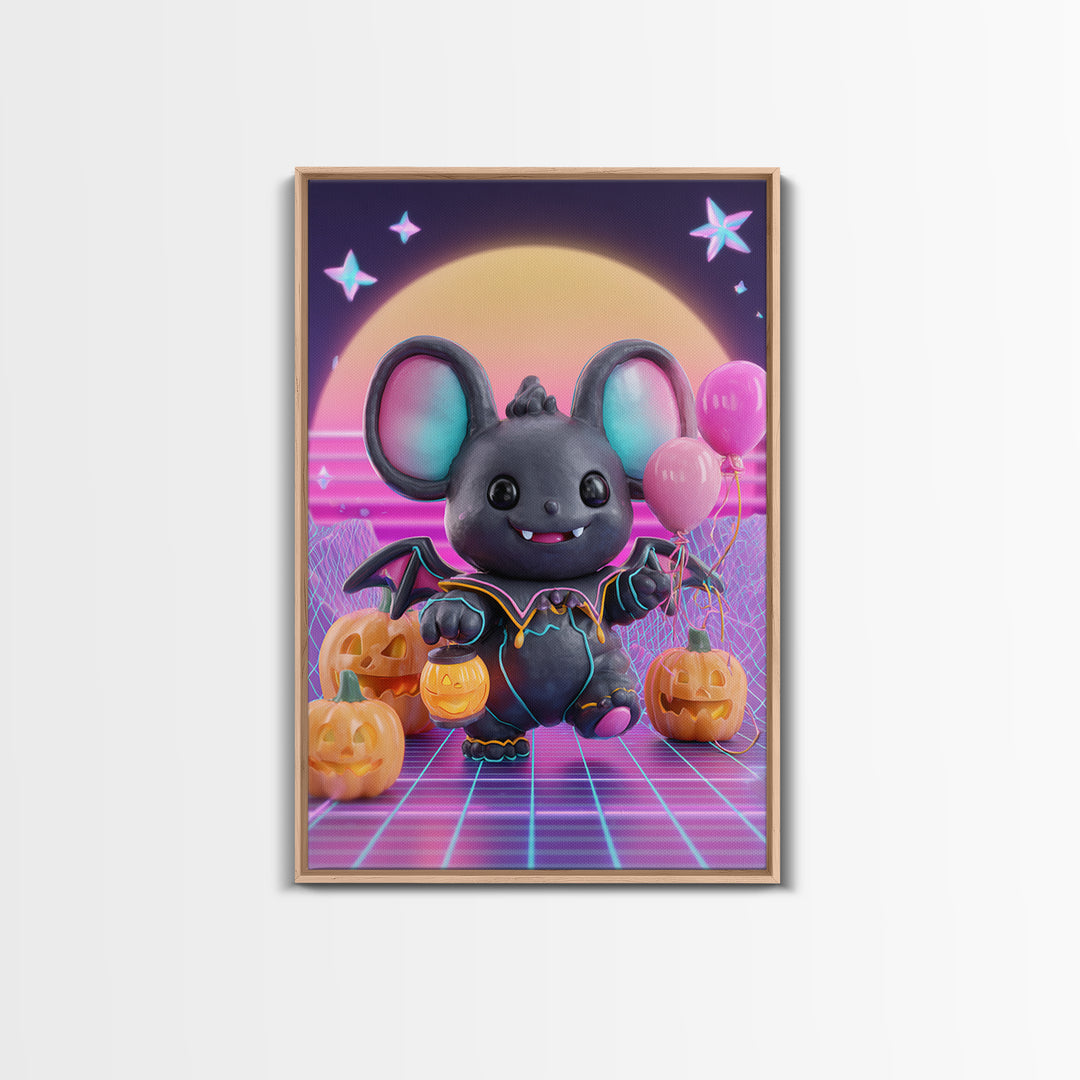 The Bat Balloon Factory, Cute Spooky Neon Art, Vertical Wall Art, Canvas Print, Retro Halloween Decor, Neon Wall Art, Collectible Wall Decor