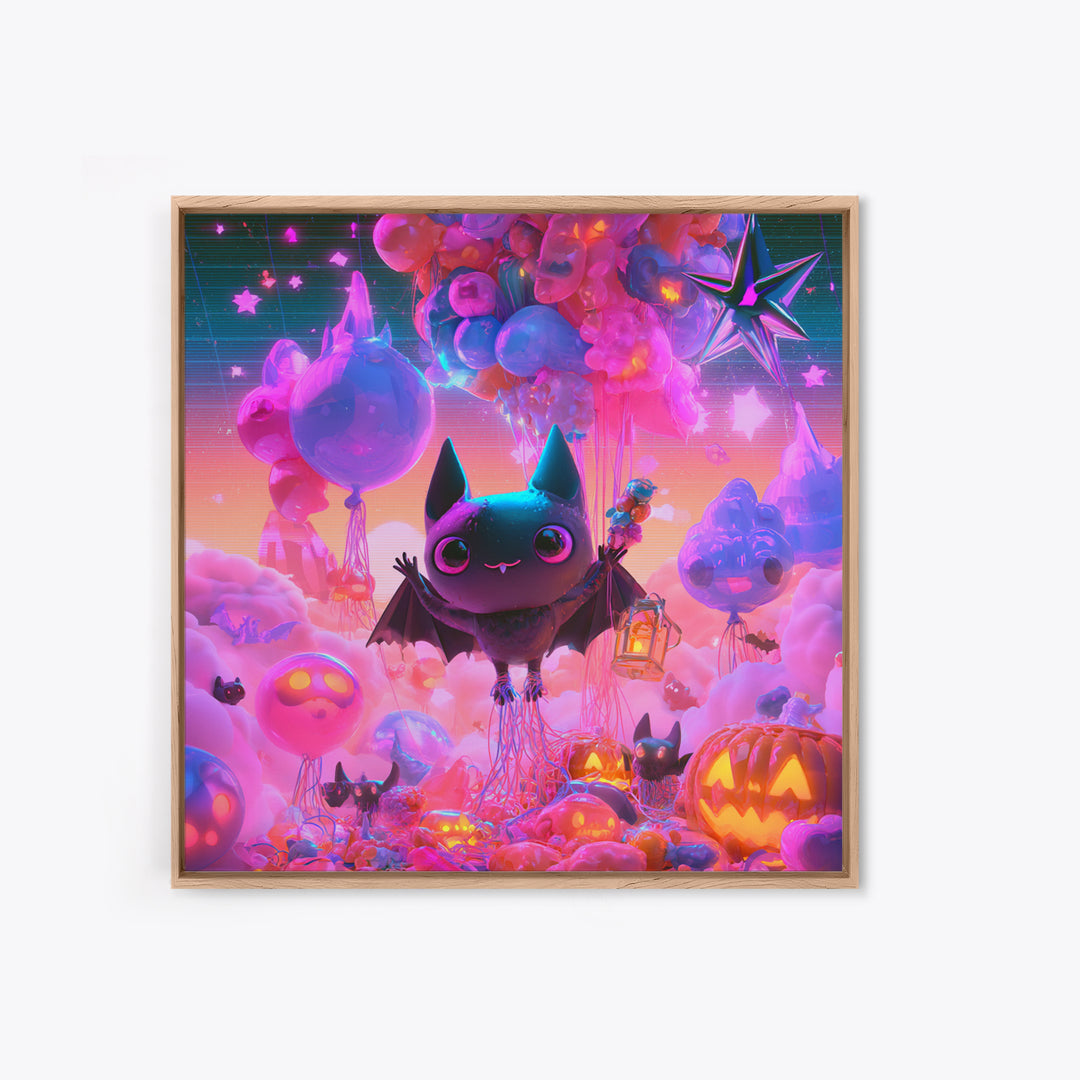 The Bat Balloon Factory, Synthwave Halloween Art, Square Wall Art, Canvas Print, Retro Halloween Decor, Neon Wall Art, Macabre Wall Art