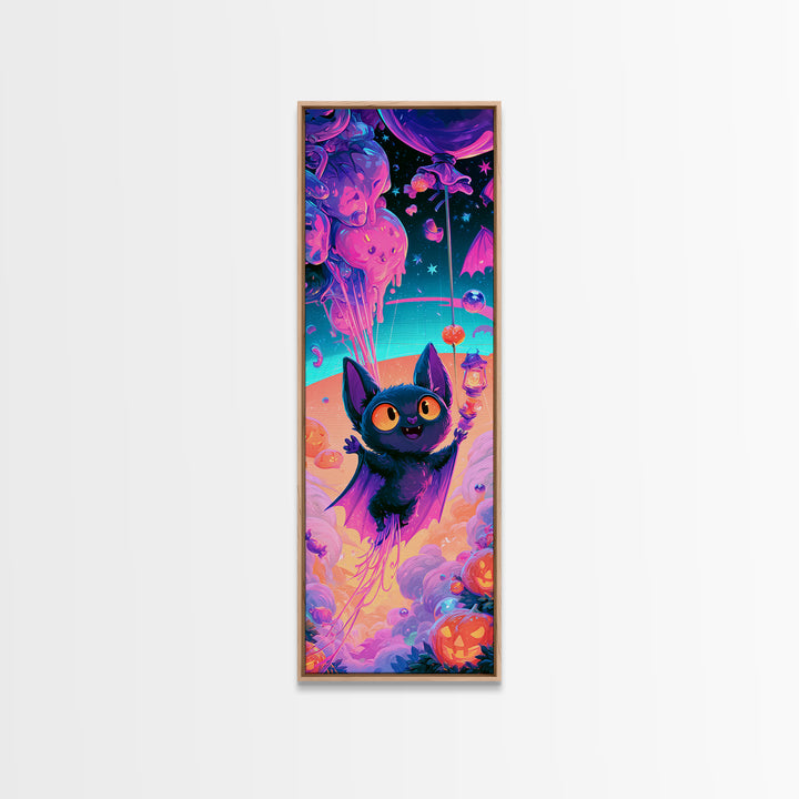 The Bat Balloon Factory, Cute Spooky Neon Art, Tall Narrow Wall Art, Canvas Print, Retro Halloween Decor, Neon Wall Art, Macabre Wall Art