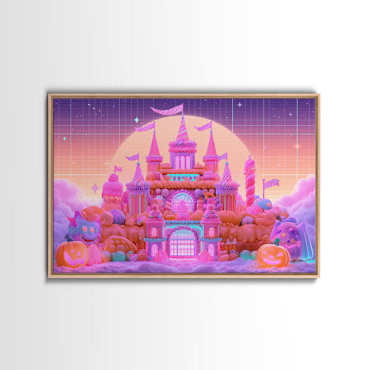 The Candy Castle, Retro Neon Halloween Art, Landscape Wall Art, Framed Canvas Print, Retro Halloween Decor, Neon Wall Art