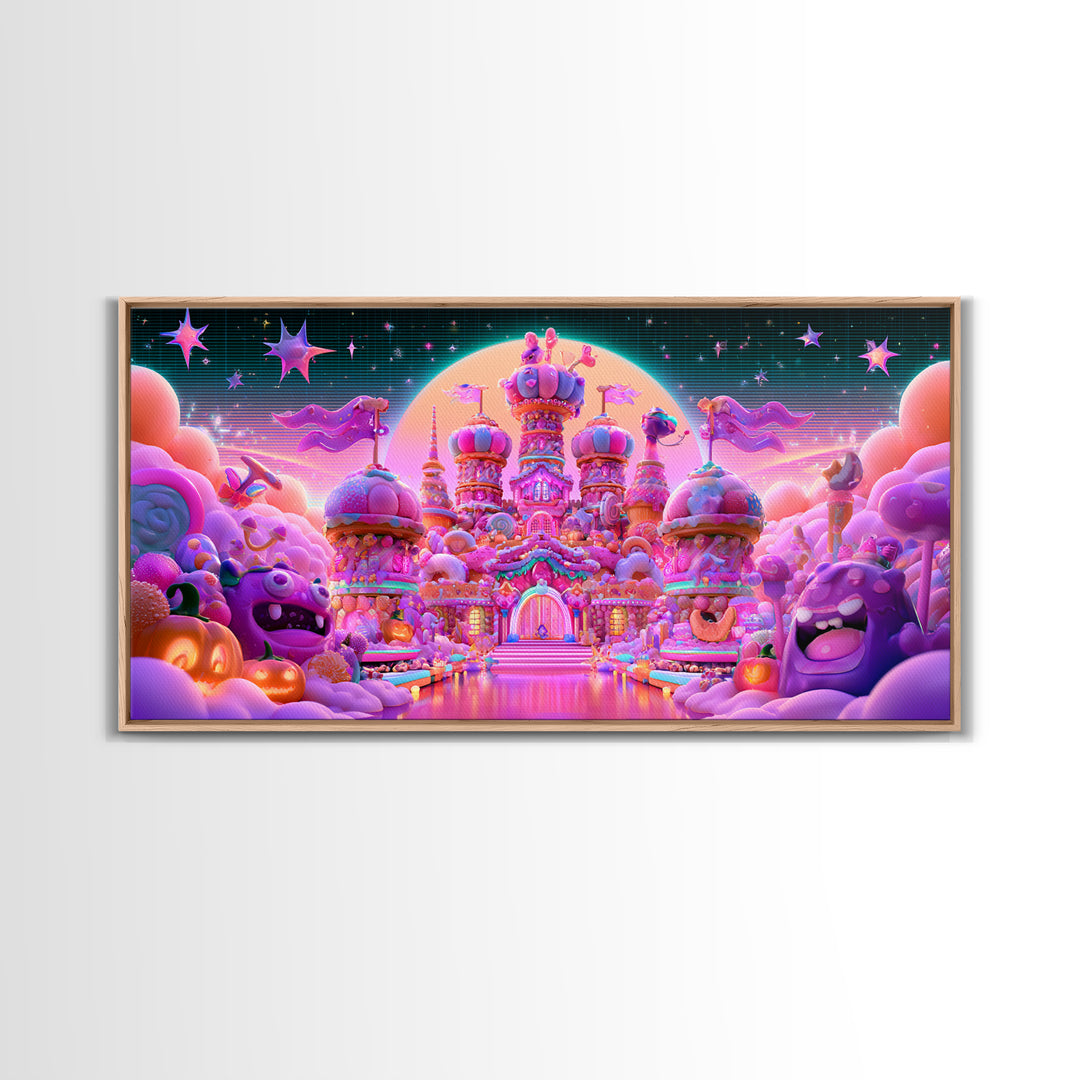 The Candy Castle, Vaporwave Halloween Decor, Wide Panoramic Art, Canvas Print, Retro Halloween Decor, Neon Wall Art, Horror Wall Art