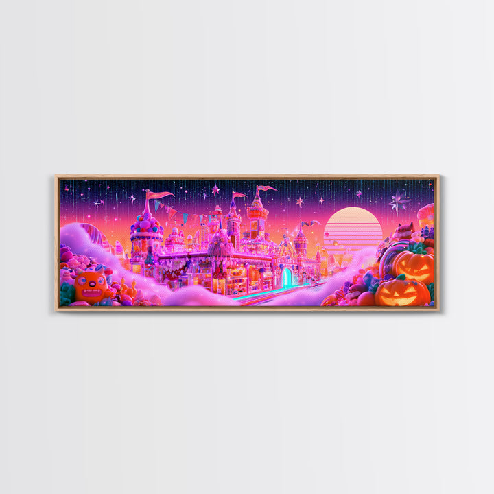 The Candy Castle, Vaporwave Halloween Decor, Extra Wide Wall Art, Canvas Print, Retro Halloween Decor, Neon Wall Art, Spooky Wall Decor