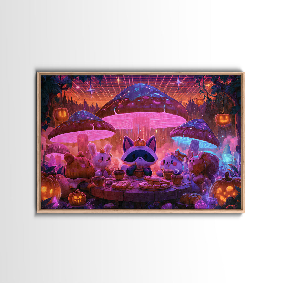 The Friendly Forest Cafe, Synthwave Halloween Art, Landscape Wall Art, Framed Canvas Print, Retro Halloween Decor, Neon Wall Art