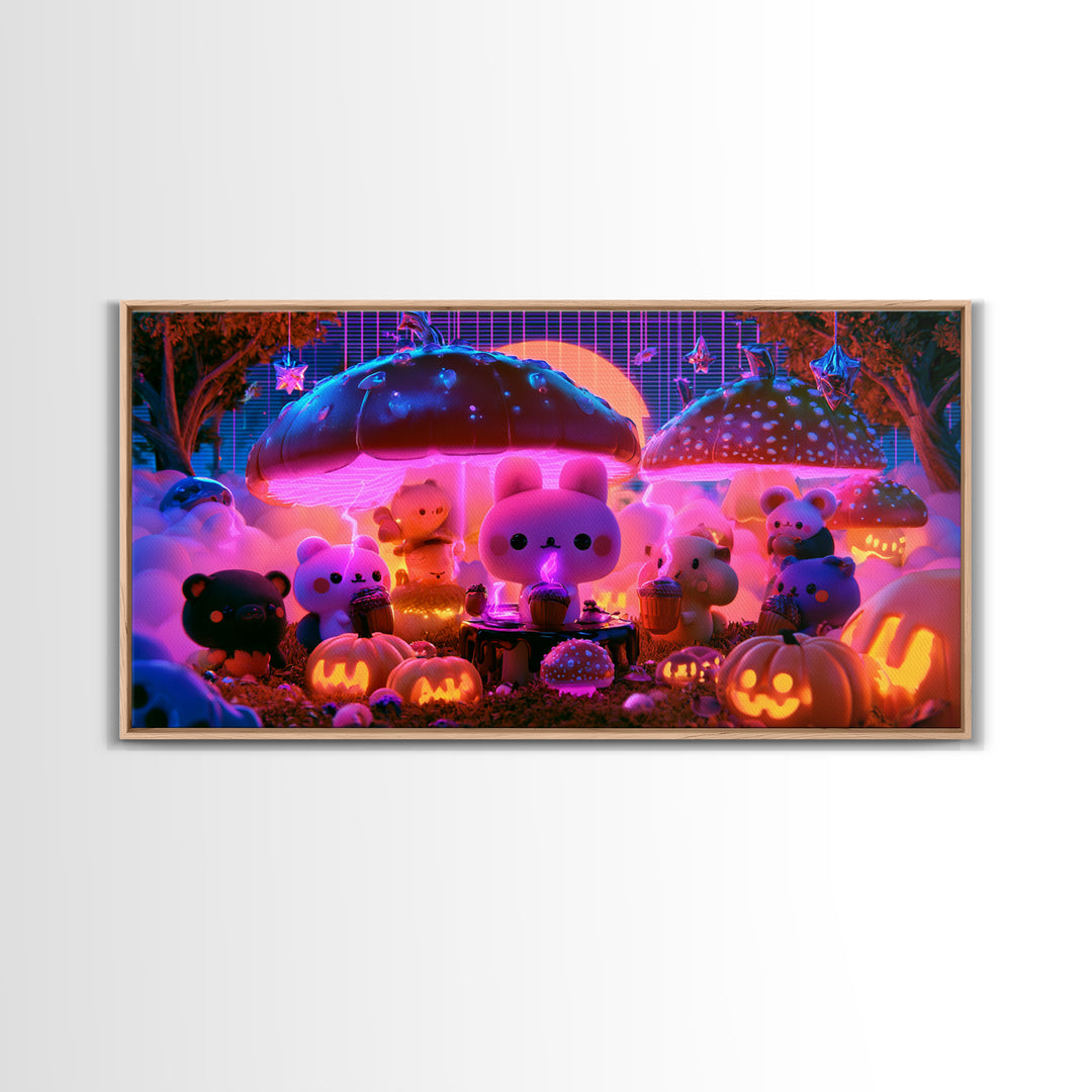 The Friendly Forest Cafe, Retro Neon Halloween Art, Wide Panoramic Art, Framed Canvas Print, Retro Halloween Decor, Neon Wall Art