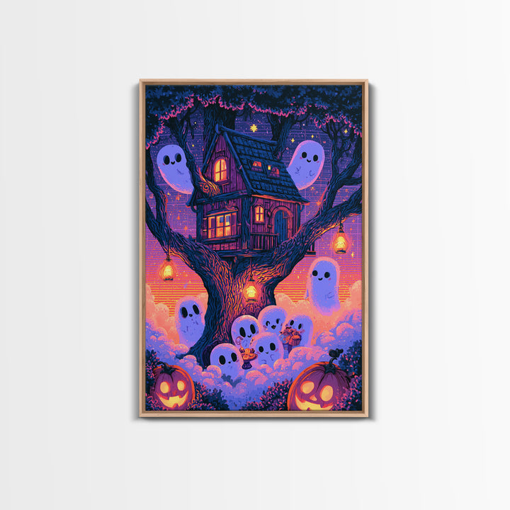 The Ghostly Treehouse, Vaporwave Halloween Decor, Vertical Wall Art, Canvas Print, Retro Halloween Decor, Neon Wall Art, Statement Wall Art