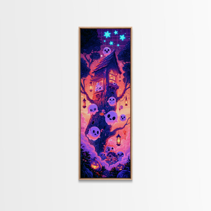 The Ghostly Treehouse, Synthwave Halloween Art, Tall Narrow Wall Art, Canvas Print, Retro Halloween Decor, Neon Wall Art, Macabre Wall Art