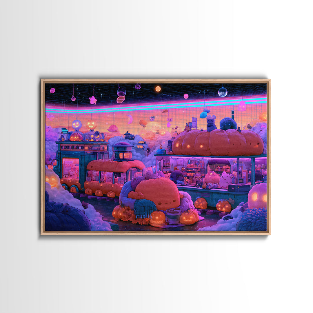 The Pumpkin Train Station, Cute Spooky Neon Art, Landscape Wall Art, Framed Canvas Print, Retro Halloween Decor, Neon Wall Art