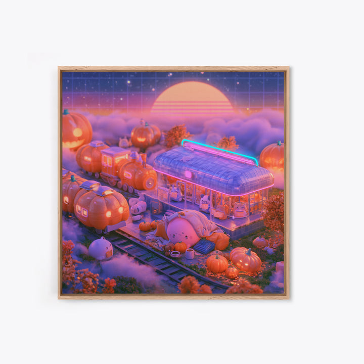The Pumpkin Train Station, Cute Spooky Neon Art, Square Wall Art, Canvas Print, Retro Halloween Decor, Neon Wall Art, Gothic Home Decor