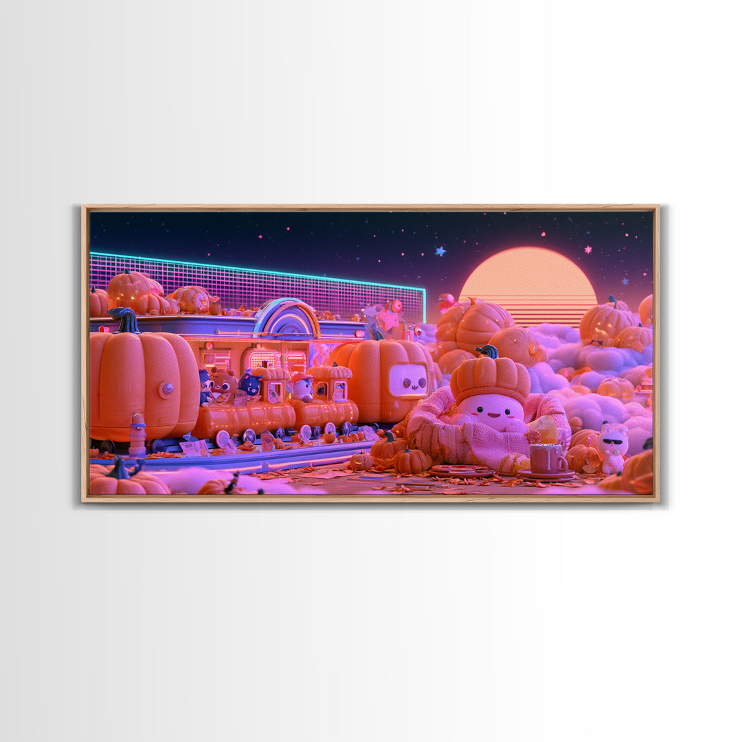 The Pumpkin Train Station, 80s Halloween Wall Art, Wide Panoramic Art, Framed Canvas Print, Retro Halloween Decor, Neon Wall Art