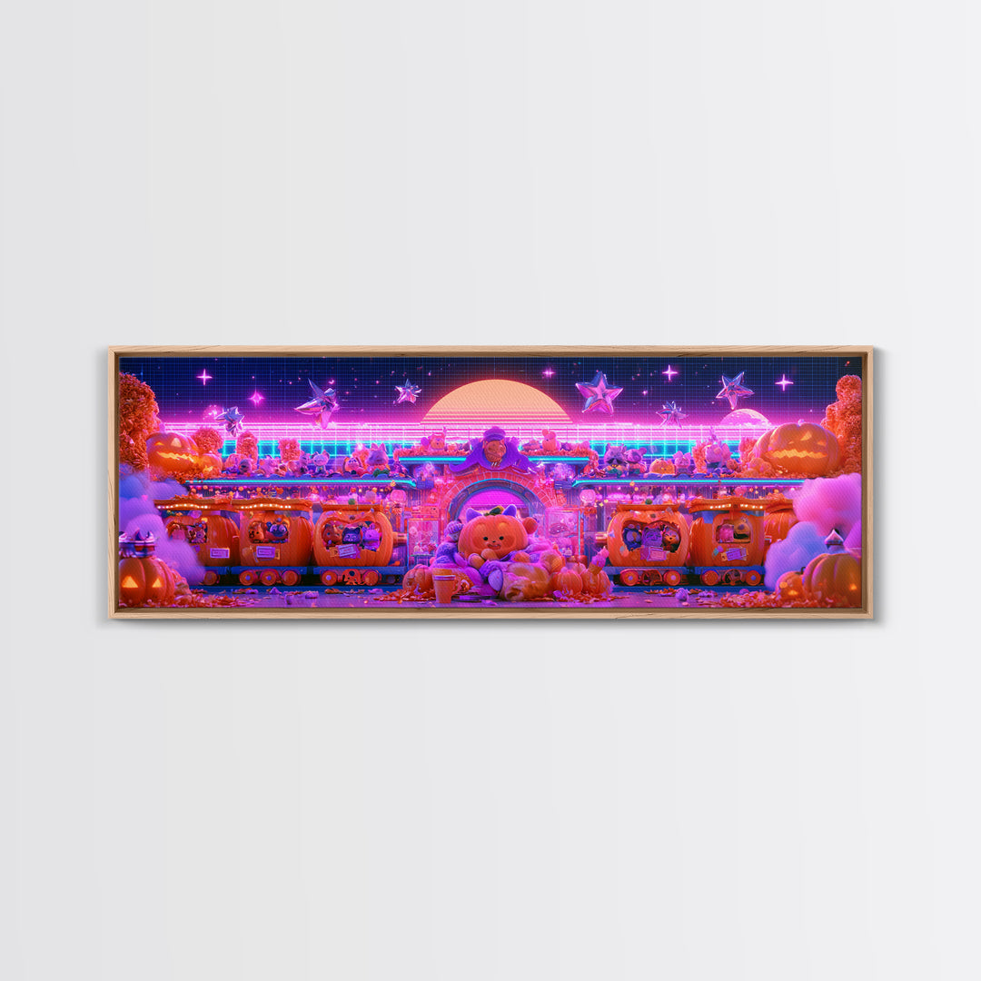 The Pumpkin Train Station, Cute Spooky Neon Art, Extra Wide Wall Art, Framed Canvas Print, Retro Halloween Decor, Neon Wall Art