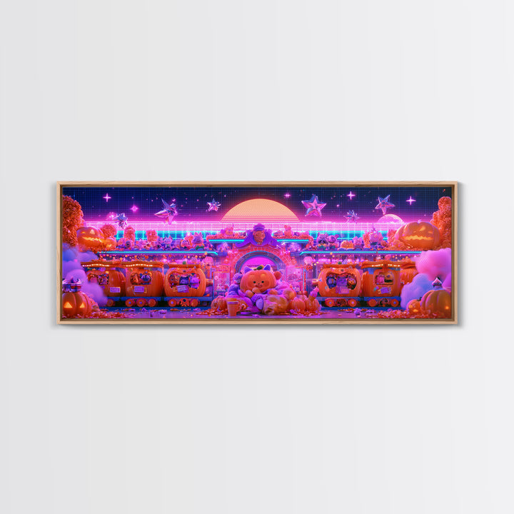 The Pumpkin Train Station, Cute Spooky Neon Art, Extra Wide Wall Art, Framed Canvas Print, Retro Halloween Decor, Neon Wall Art