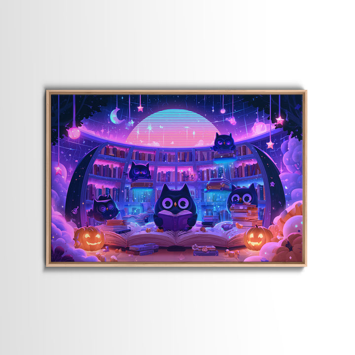 The Moonbeam Library, Synthwave Halloween Art, Landscape Wall Art, Canvas Print, Retro Halloween Decor, Neon Wall Art, Horror Wall Art