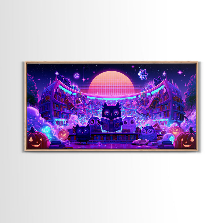 The Moonbeam Library, Vaporwave Halloween Decor, Wide Panoramic Art, Canvas Print, Retro Halloween Decor, Neon Wall Art, Macabre Wall Art