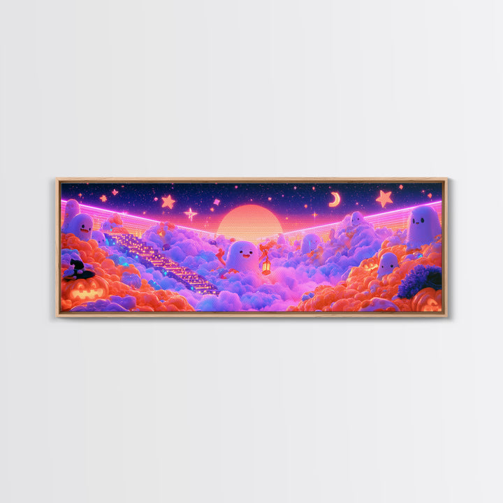 The Halloween Cloud Kingdom, Retro Neon Halloween Art, Extra Wide Wall Art, Framed Canvas Print, Retro Halloween Decor, Neon Wall Art