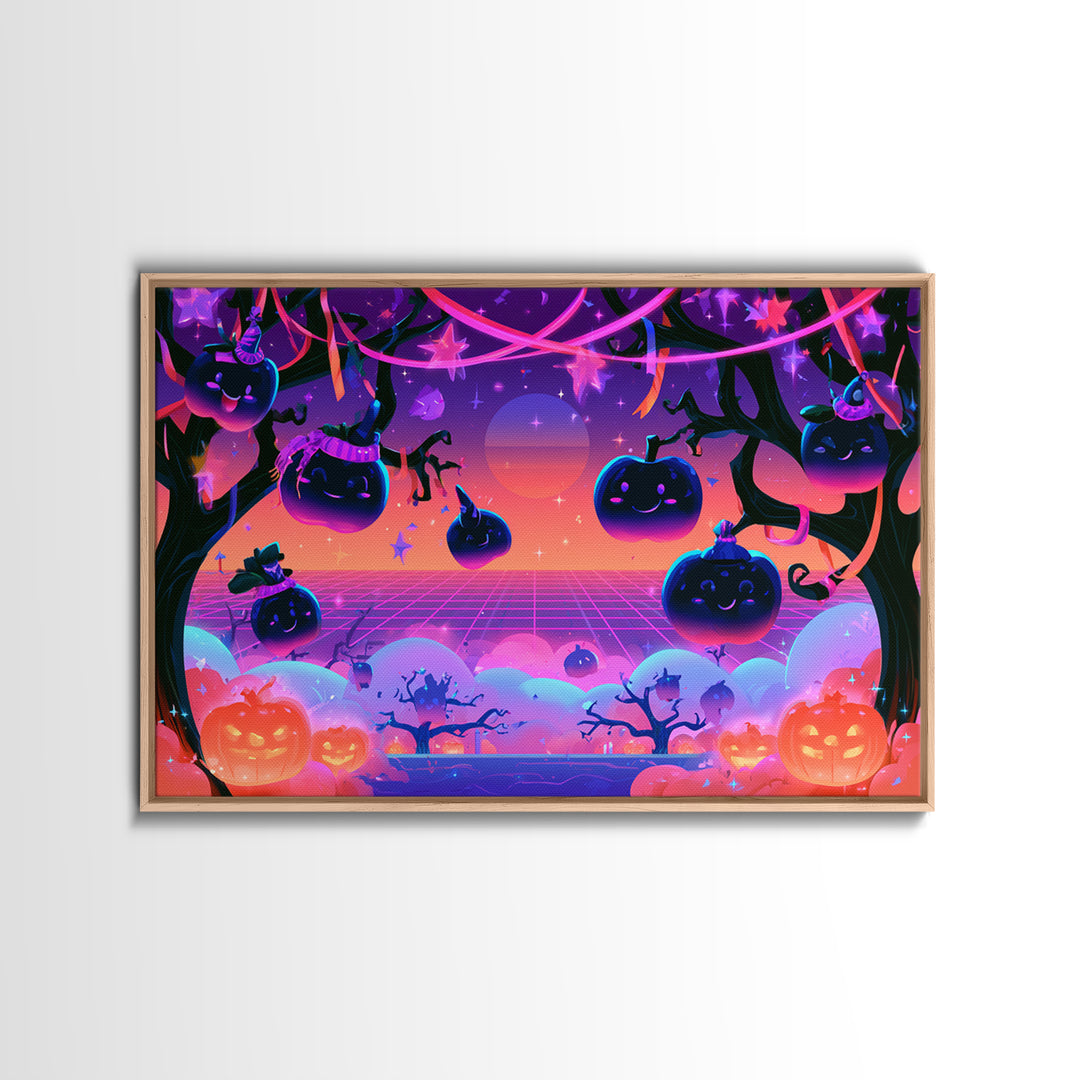 The Enchanted Apple Orchard, Vaporwave Halloween Decor, Landscape Wall Art, Canvas Print, Retro Halloween Decor, Neon Wall Art