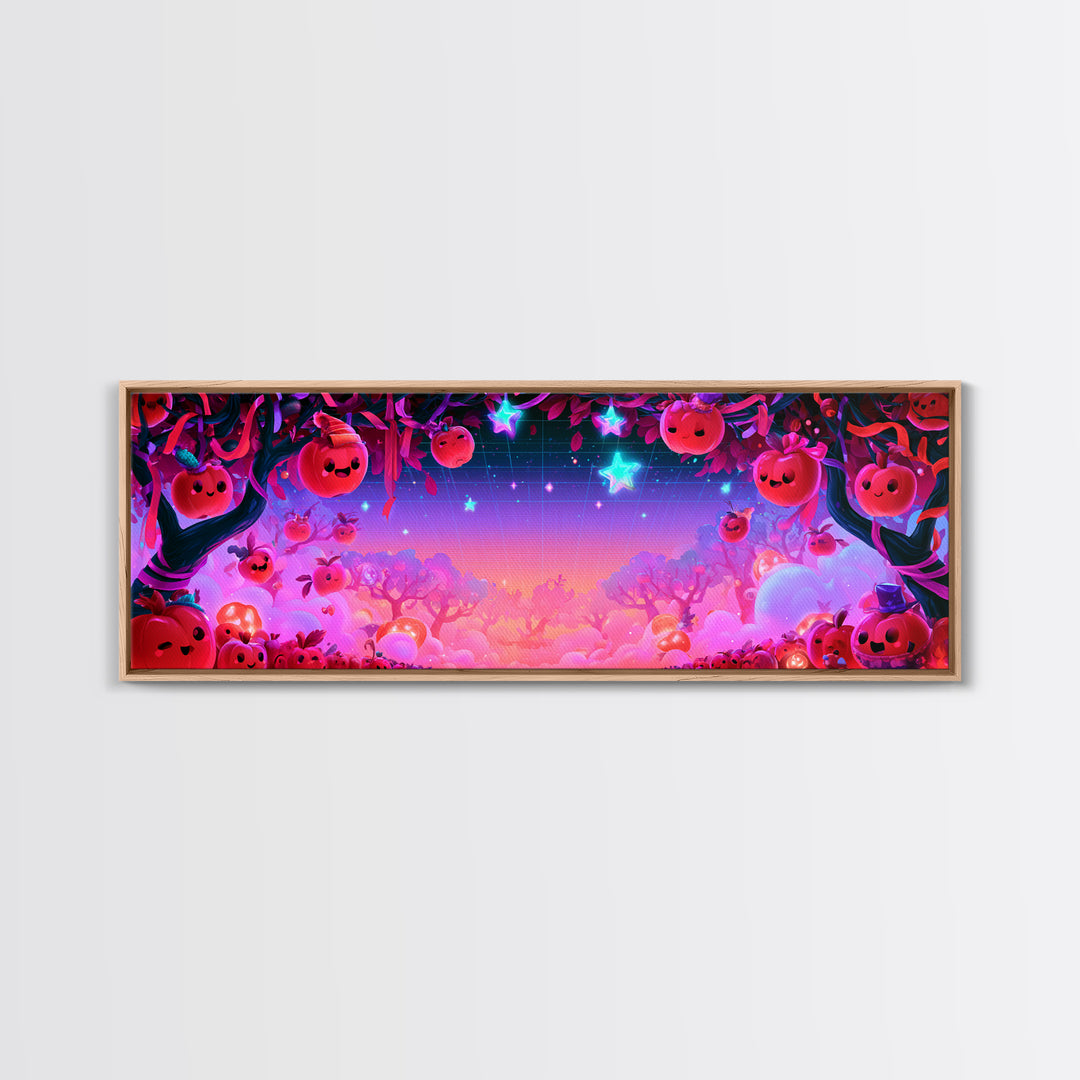 The Enchanted Apple Orchard, Retro Neon Halloween Art, Extra Wide Wall Art, Framed Canvas Print, Retro Halloween Decor, Neon Wall Art