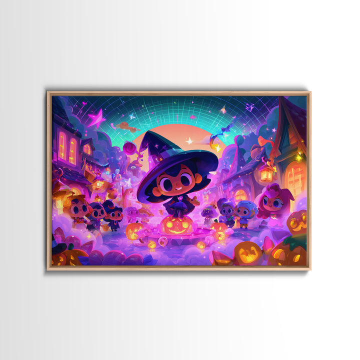 The Trick-Or-Treat Village Square, Synthwave Halloween Art, Landscape Wall Art, Framed Canvas Print, Retro Halloween Decor, Neon Wall Art