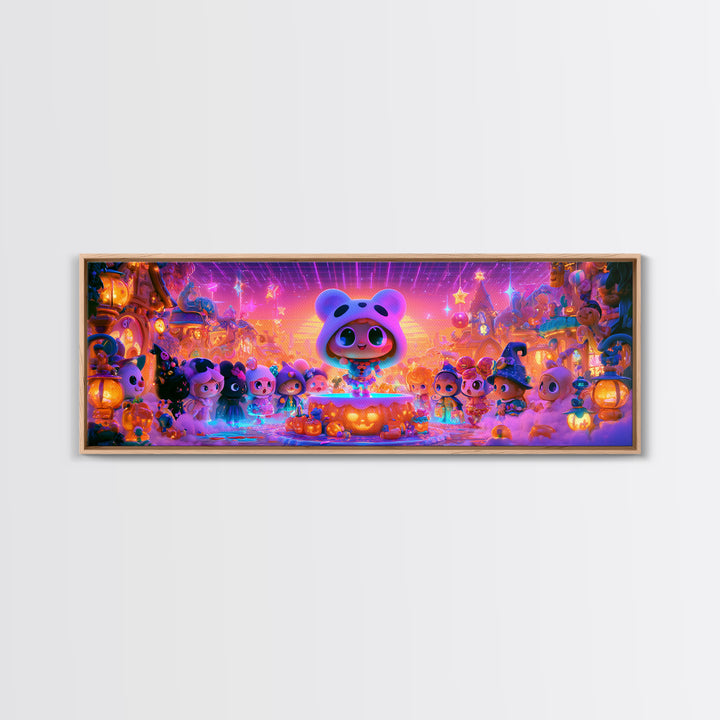 The Trick-Or-Treat Village Square, 80s Halloween Wall Art, Extra Wide Wall Art, Framed Canvas Print, Retro Halloween Decor, Neon Wall Art