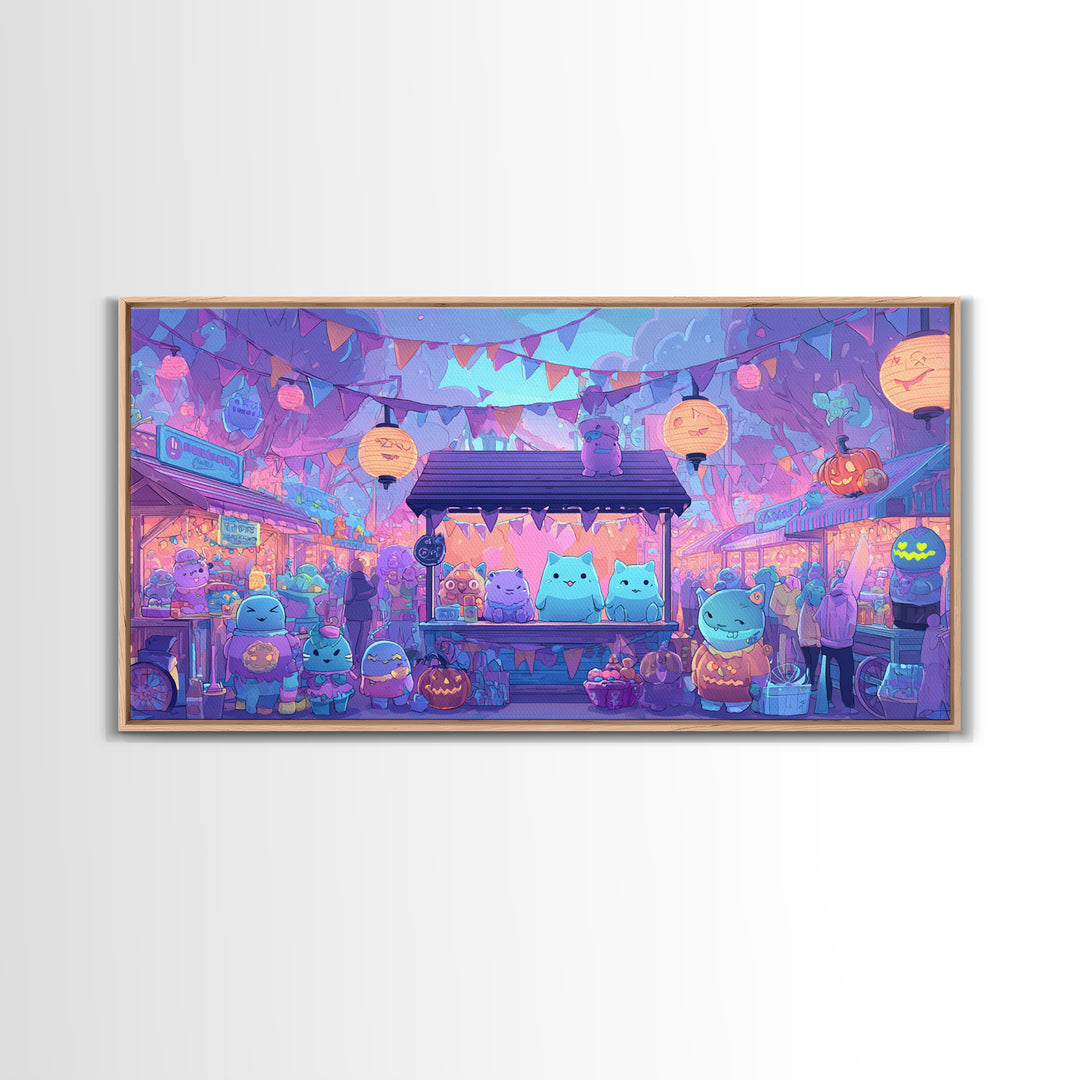 The Friendly Monster Market, 80s Halloween Wall Art, Wide Panoramic Art, Framed Canvas Print, Retro Halloween Decor, Neon Wall Art