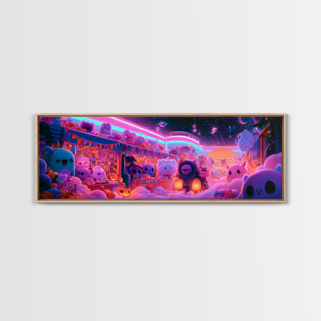 The Friendly Monster Market, 80s Halloween Wall Art, Extra Wide Wall Art, Framed Canvas Print, Retro Halloween Decor, Neon Wall Art