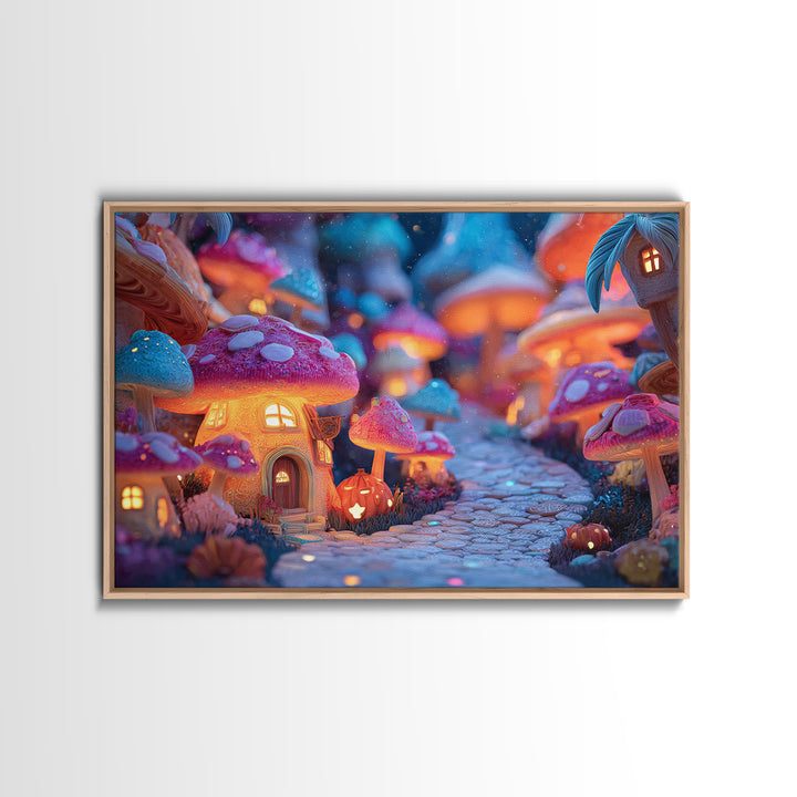 The Lantern-Lit Mushroom Village, Vaporwave Halloween Decor, Landscape Wall Art, Canvas Print, Retro Halloween Decor, Neon Wall Art