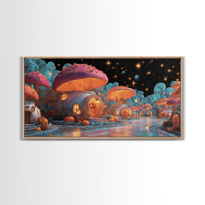 The Lantern-Lit Mushroom Village, Retro Neon Halloween Art, Wide Panoramic Art, Canvas Print, Retro Halloween Decor, Neon Wall Art