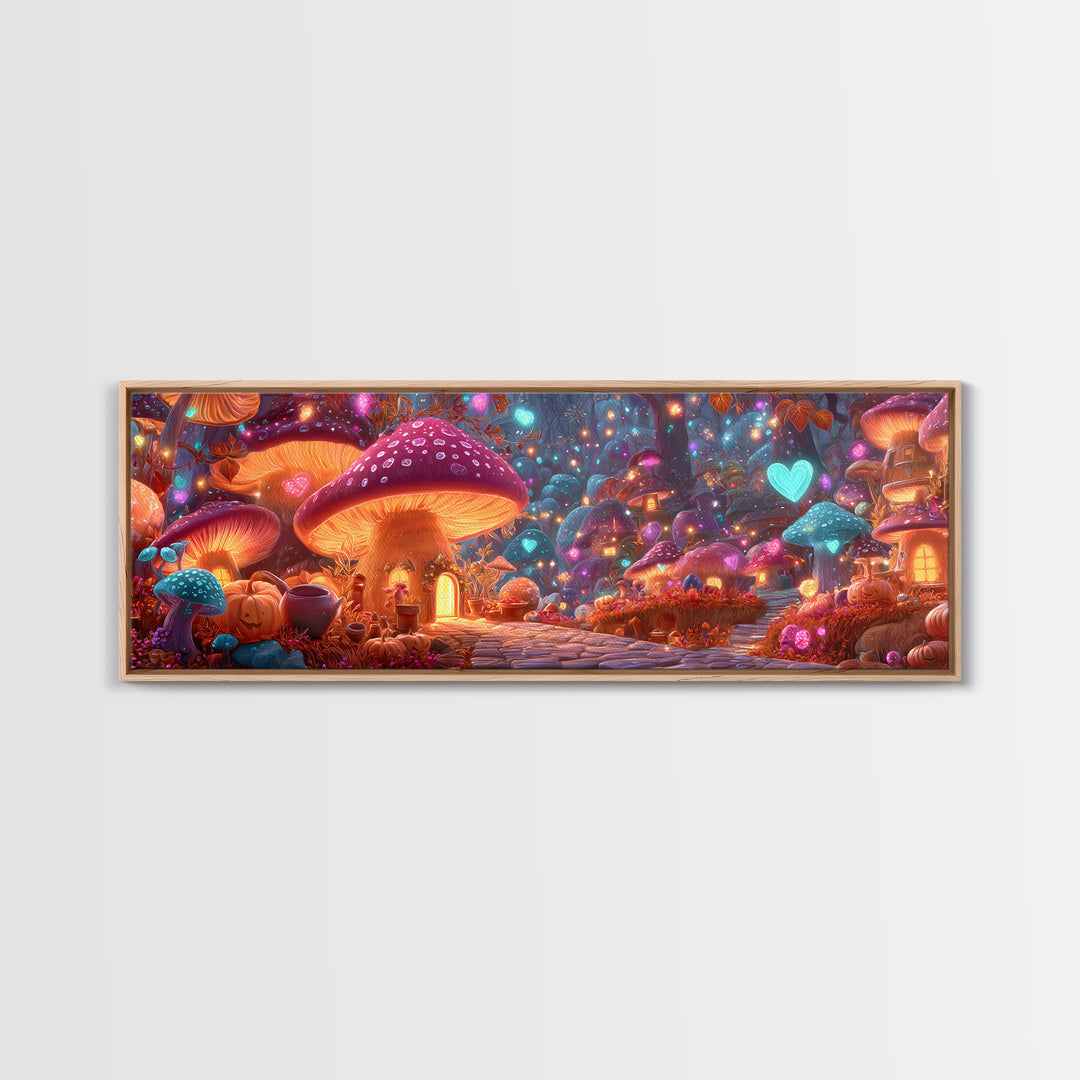 The Lantern-Lit Mushroom Village, 80s Halloween Wall Art, Extra Wide Wall Art, Framed Canvas Print, Retro Halloween Decor, Neon Wall Art