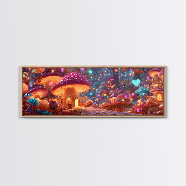 The Lantern-Lit Mushroom Village, 80s Halloween Wall Art, Extra Wide Wall Art, Framed Canvas Print, Retro Halloween Decor, Neon Wall Art