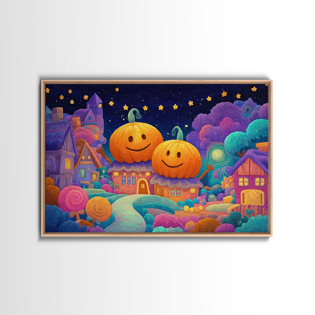 The Starry Pumpkin Farm, Retro Neon Halloween Art, Landscape Wall Art, Canvas Print, Retro Halloween Decor, Neon Wall Art