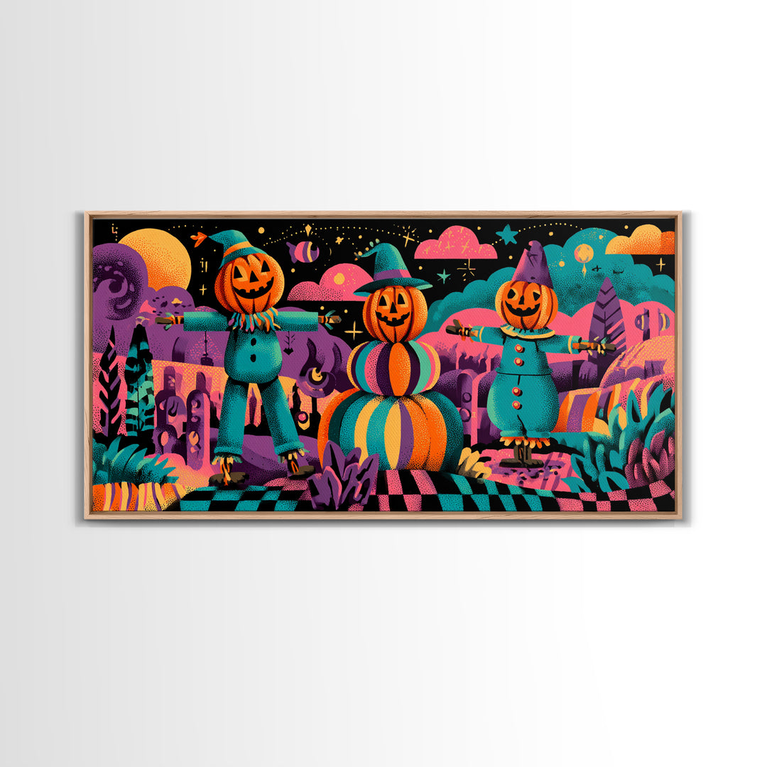 The Starry Pumpkin Farm, 80s Halloween Wall Art, Wide Panoramic Art, Canvas Print, Retro Halloween Decor, Neon Wall Art, Horror Wall Art