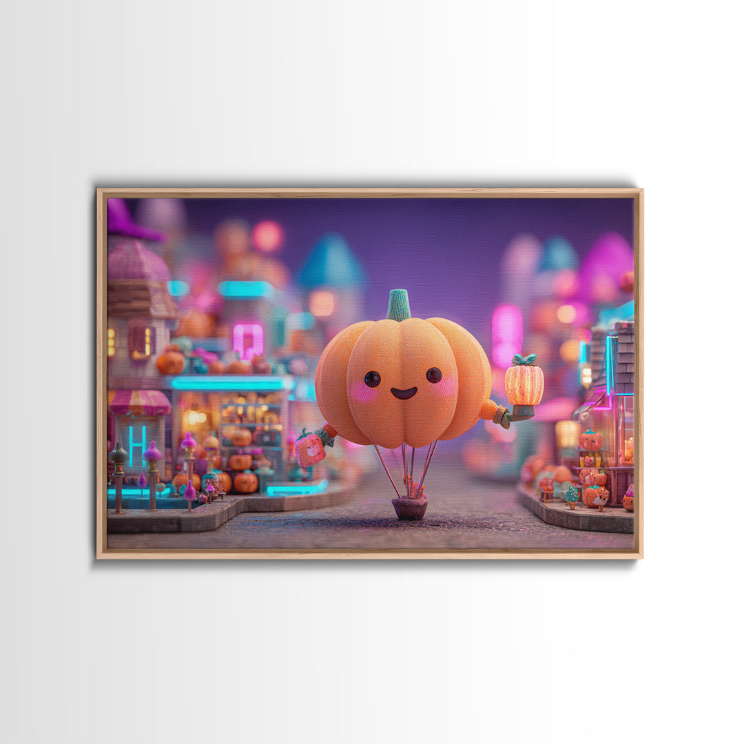 The Pumpkin Balloon Parade, Cute Spooky Neon Art, Landscape Wall Art, Framed Canvas Print, Retro Halloween Decor, Neon Wall Art