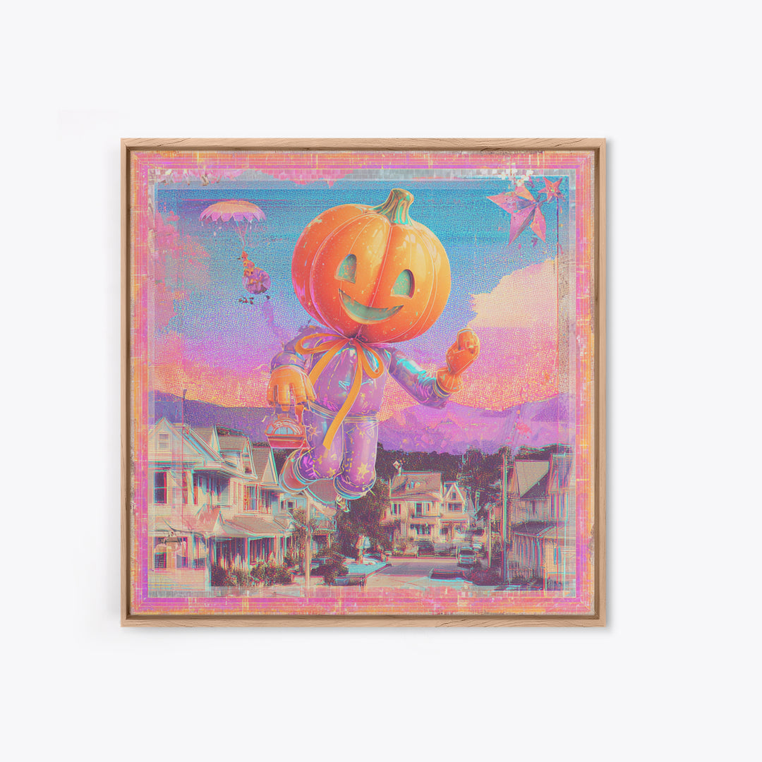 The Pumpkin Balloon Parade, Cute Spooky Neon Art, Square Wall Art, Canvas Print, Retro Halloween Decor, Neon Wall Art, Statement Wall Art