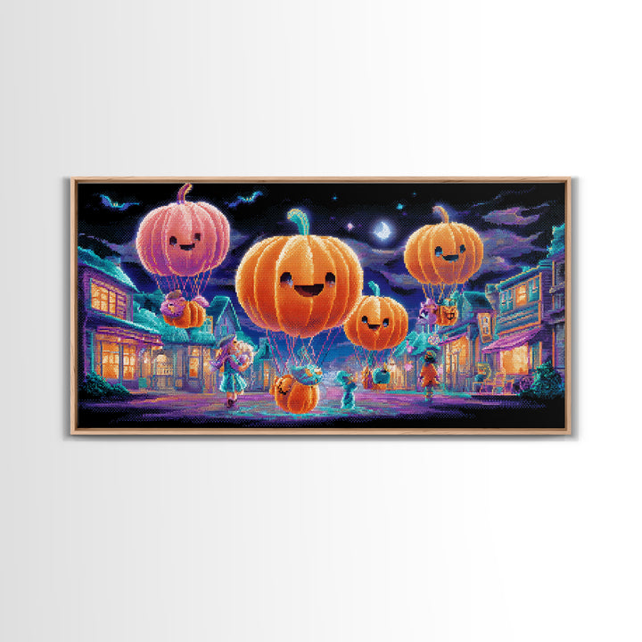 The Pumpkin Balloon Parade, 80s Halloween Wall Art, Wide Panoramic Art, Canvas Print, Retro Halloween Decor, Neon Wall Art