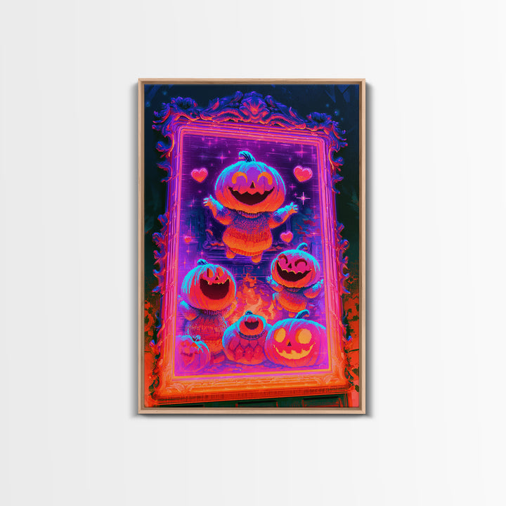 The Pumpkin Family Portrait, Synthwave Halloween Art, Vertical Wall Art, Framed Canvas Print, Retro Halloween Decor, Neon Wall Art