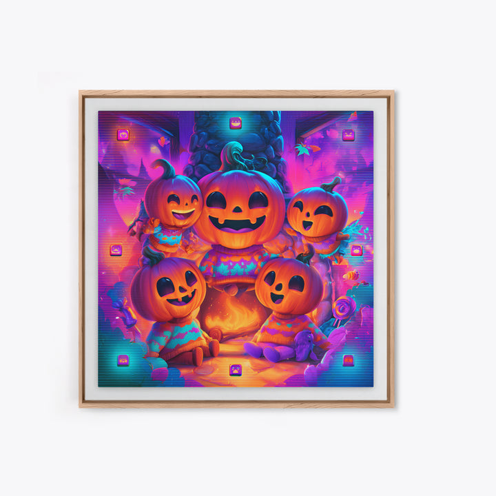 The Pumpkin Family Portrait, 80s Halloween Wall Art, Square Wall Art, Framed Canvas Print, Retro Halloween Decor, Neon Wall Art