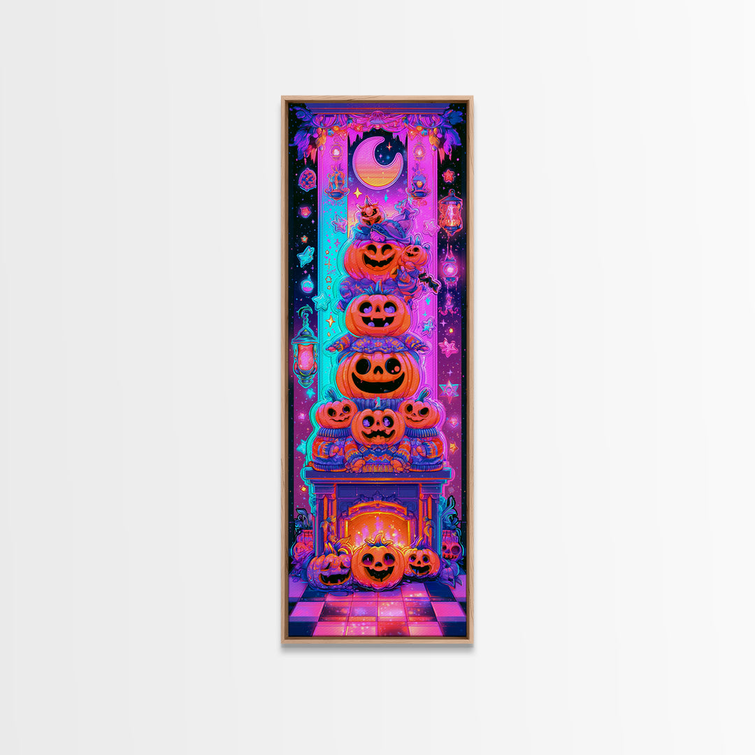 The Pumpkin Family Portrait, Retro Neon Halloween Art, Tall Narrow Wall Art, Canvas Print, Retro Halloween Decor, Neon Wall Art