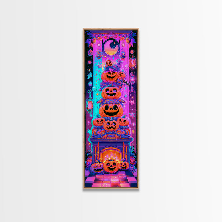 The Pumpkin Family Portrait, Retro Neon Halloween Art, Tall Narrow Wall Art, Canvas Print, Retro Halloween Decor, Neon Wall Art