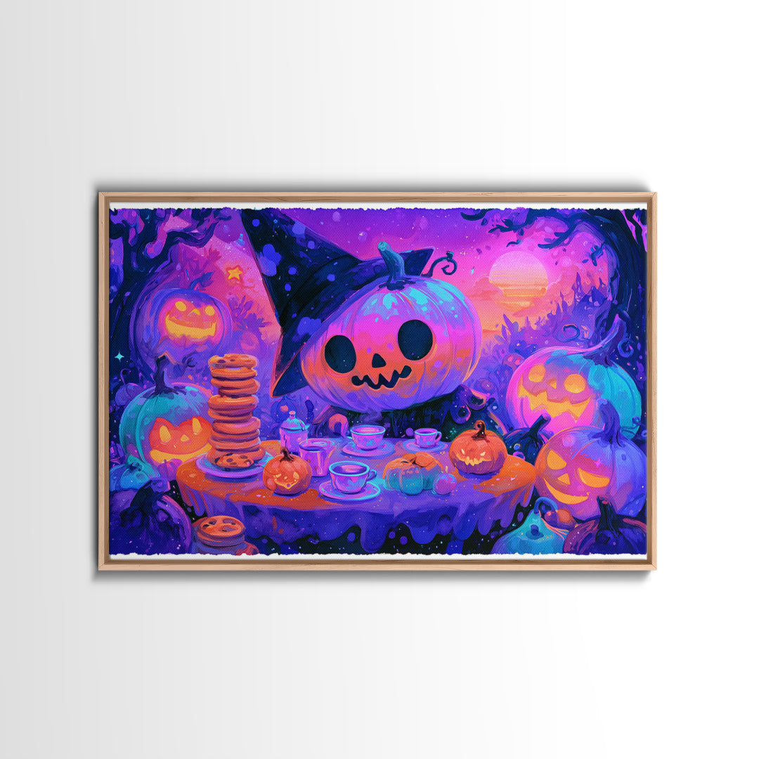 The Pumpkin Tea Party, Retro Neon Halloween Art, Landscape Wall Art, Framed Canvas Print, Retro Halloween Decor, Neon Wall Art