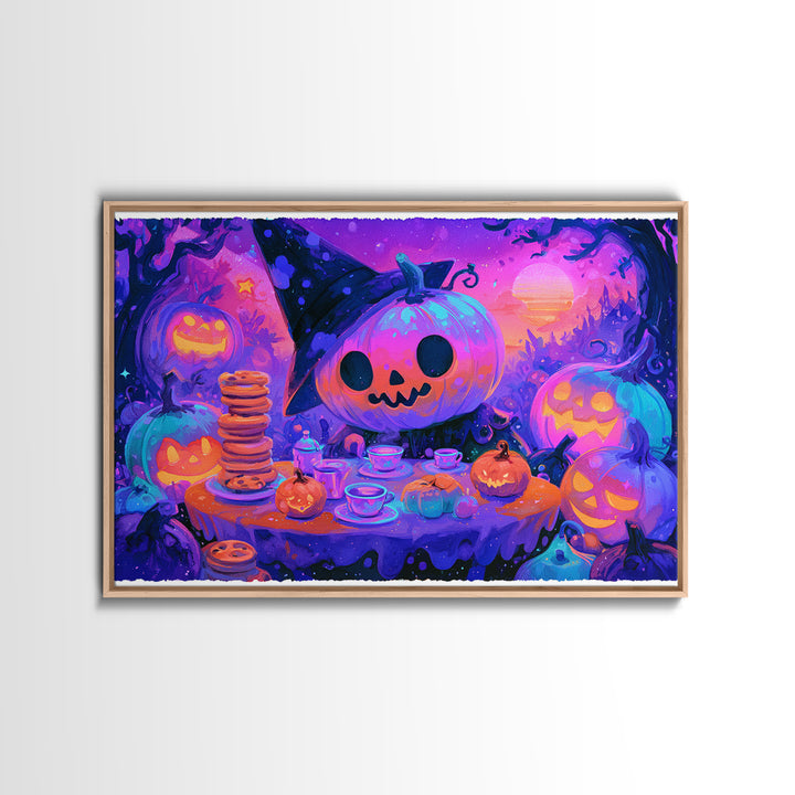 The Pumpkin Tea Party, Retro Neon Halloween Art, Landscape Wall Art, Framed Canvas Print, Retro Halloween Decor, Neon Wall Art